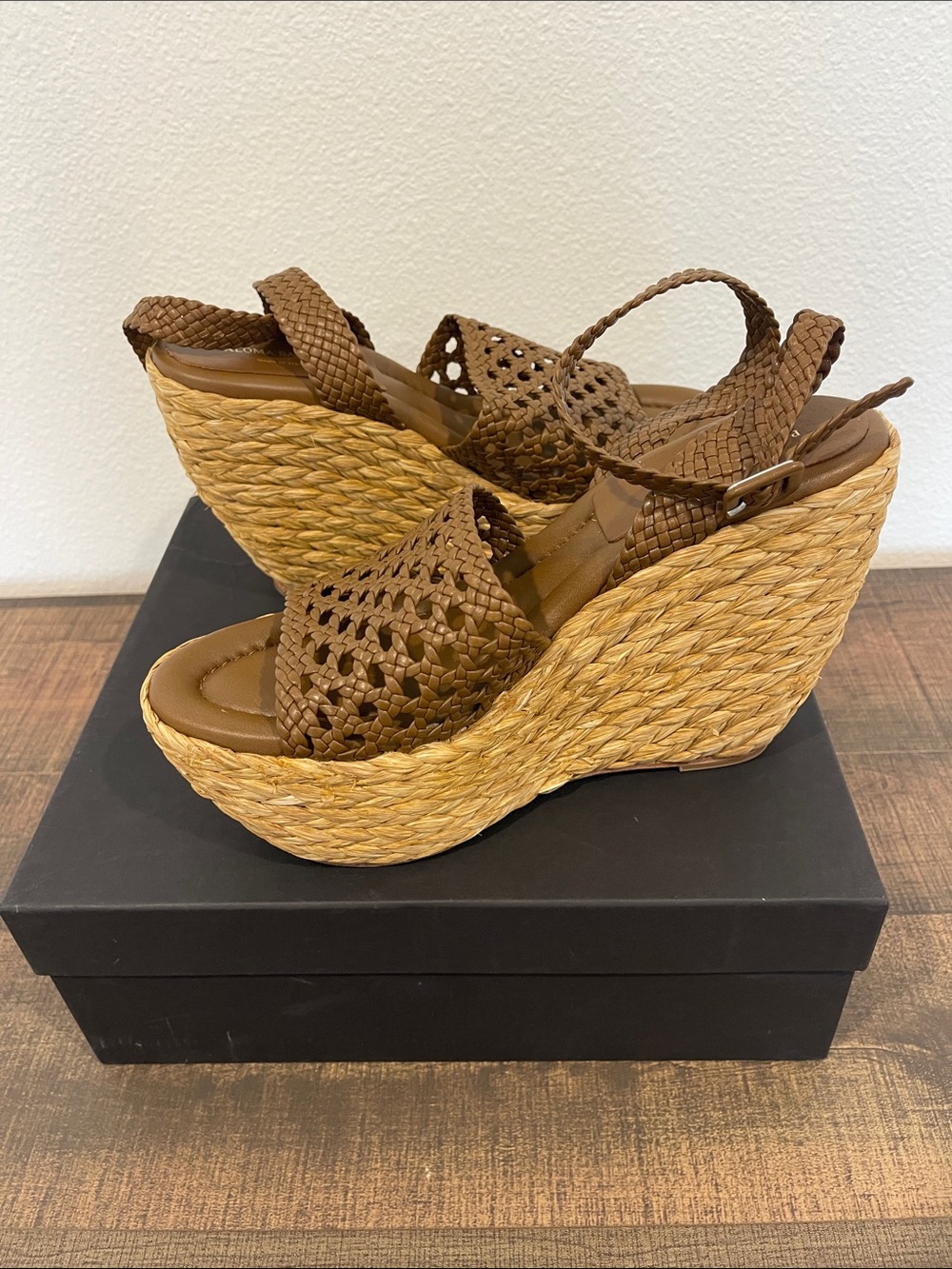 Paloma Barcelo Tan Woven Leather Platform Wedge Sandals